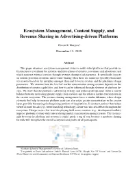 Ecosystem Management, Content Supply, and Revenue Sharing in Advertising-Driven Platforms