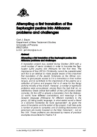 Attempting a First Translation of the Septuagint Psalms Into Afrikaans: Problems and Challenges