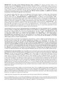 IMPORTANT: You Must Read the Following Disclaimer Before Continuing