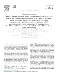ASMBS Position Statement on the Relationship Between Obesity And