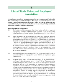 1 Lists of Trade Unions and Employers' Associations