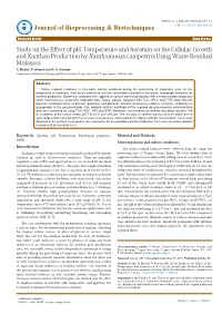 Study on the Effect of Ph, Temperature and Aeration on the Cellular Growth and Xanthan Production by Xanthomonas Campestris Using Waste Residual Molasses P