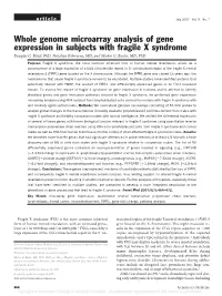 Whole Genome Microarray Analysis of Gene Expression in Subjects with Fragile X Syndrome Douglas C