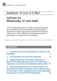 Call List for Wed 17 Jun 2020