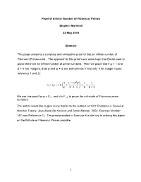 Proof of Infinite Number of Fibonacci Primes Stephen Marshall 22 May