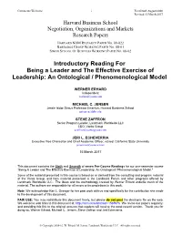 Introductory Reading for Being a Leader and the Effective Exercise of Leadership: an Ontological / Phenomenological Model
