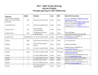 2017 – 2018 Teacher Openings Diocese of Dallas Principal Openings for 2017-2018 Below