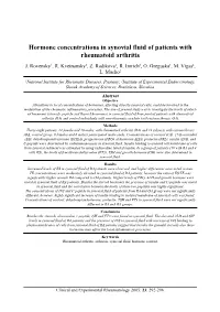 Hormone Concentrations in Synovial Fluid of Patients with Rheumatoid Arthritis J