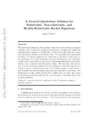 A General Quadrature Solution for Relativistic, Non-Relativistic, and Weakly-Relativistic Rocket Equations
