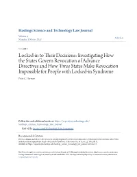 Investigating How the States Govern Revocation of Advance Directives and How Three States Make Revocation Impossible for People with Locked-In Syndrome Peter C