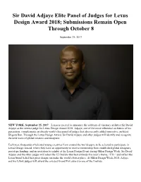 Sir David Adjaye Elite Panel of Judges for Lexus Design Award 2018; Submissions Remain Open Through October 8