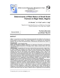 Determinants of Risk Status of Small Scale Farmers in Niger State, Nigeria