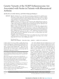 Genetic Variants of the NLRP3 Inflammasome Are Associated with Stroke in Patients with Rheumatoid Arthritis