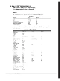 SI QUICK REFERENCE GUIDE: International System of Units (SI) the Modernized Metric System*