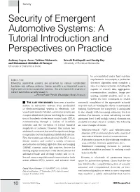 Security of Emergent Automotive Systems: a Tutorial Introduction and Perspectives on Practice