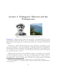 Lecture 4. Pythagoras' Theorem and the Pythagoreans