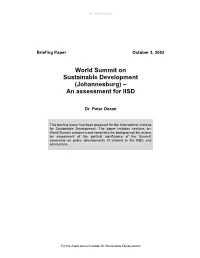 World Summit on Sustainable Development: an Assessment for IISD