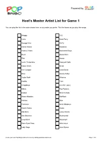 Host's Master Artist List for Game 1