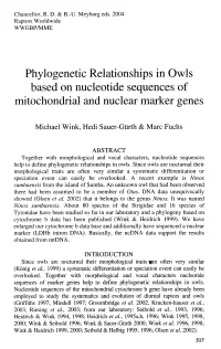 Phylogenetic Relationships in Owls Based on Nucleotide Sequences of Mitochondrial and Nuclear Marker Genes