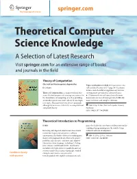 Theoretical Computer Science Knowledge a Selection of Latest Research Visit Springer.Com for an Extensive Range of Books and Journals in the ﬁeld