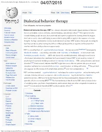Dialectical Behavior Therapy - Wikipedia, the Free Encyclopedia 04/07/2015 Create Account Log In