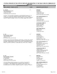 Utilities Operating in the State of Kentucky and Reporting to the Public