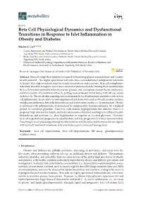 Beta Cell Physiological Dynamics and Dysfunctional Transitions in Response to Islet Inﬂammation in Obesity and Diabetes