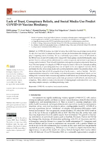 Lack of Trust, Conspiracy Beliefs, and Social Media Use Predict COVID-19 Vaccine Hesitancy