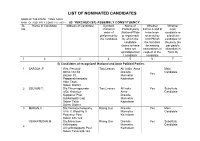 List of Nominated Candidates Name of the State: Tamil Nadu Name of Assembly Constituency: 83 Yercaud (St) Assembly Constituency Sl