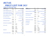 Retail Price List for 2021
