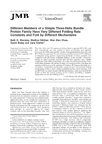 Different Members of a Simple Three-Helix Bundle Protein Family Have Very Different Folding Rate Constants and Fold by Different Mechanisms