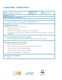 Lesson Plan – Puberty Part I