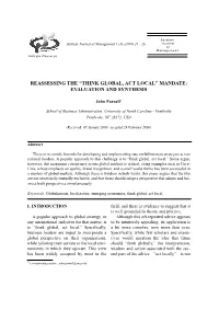 Think Global, Act Local” Mandate: Evaluation and Synthesis