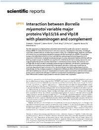 Interaction Between Borrelia Miyamotoi Variable Major Proteins Vlp15/16 and Vlp18 with Plasminogen and Complement Frederik L
