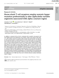 Nurse Shark T-Cell Receptors Employ Somatic Hyper- Mutation Preferentially to Alter Alpha/Delta Variable Segments Associated with Alpha Constant Region