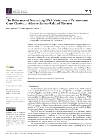 The Relevance of Noncoding DNA Variations of Paraoxonase Gene Cluster in Atherosclerosis-Related Diseases