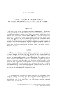 An Italian Tune in the Synagogue: an Unexplored Contrafactum by Leon Modena∗