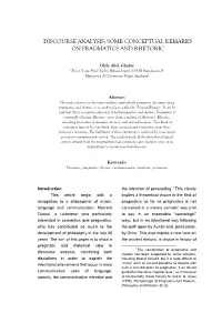 Discourse Analysis: Some Conceptual Remarks on Pragmatics and Rhetoric