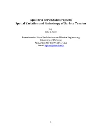 Equilibria of Pendant Droplets: Spatial Variation and Anisotropy of Surface Tension