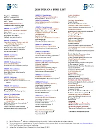 2020 Indiana Bird List