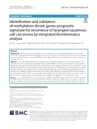 Identification and Validation of Methylation-Driven Genes Prognostic Signature for Recurrence of Laryngeal Squamous Cell Carcino