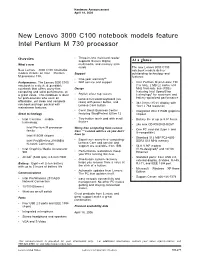 New Lenovo 3000 C100 Notebook Models Feature Intel Pentium M 730 Processor
