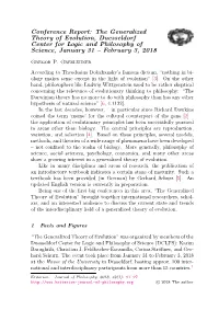 Conference Report: the Generalized Theory of Evolution, Duesseldorf Center for Logic and Philosophy of Science, January 31 – February 3, 2018