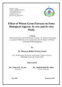 Effect of Wheat Germ Extracts on Some Biological Aspects: in Vivo and in Vitro Study