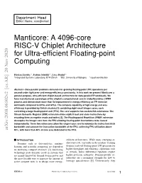 Manticore: a 4096-Core RISC-V Chiplet Architecture for Ultra-Efﬁcient Floating-Point Computing
