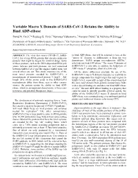 Variable Macro X Domain of SARS-Cov-2 Retains the Ability to Bind ADP-Ribose David N