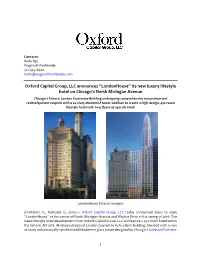 Oxford Capital Group, LLC Announces “Londonhouse” Its New Luxury Lifestyle Hotel on Chicago’S North Michigan Avenue