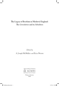 The Legacy of Boethius in Medieval England: the Consolation and Its