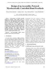 Design of an Accessible, Powered Myoelectrically Controlled Hand Prosthesis