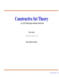 Constructive Set Theory July, 2008, Mathlogaps Workshop, Manchester